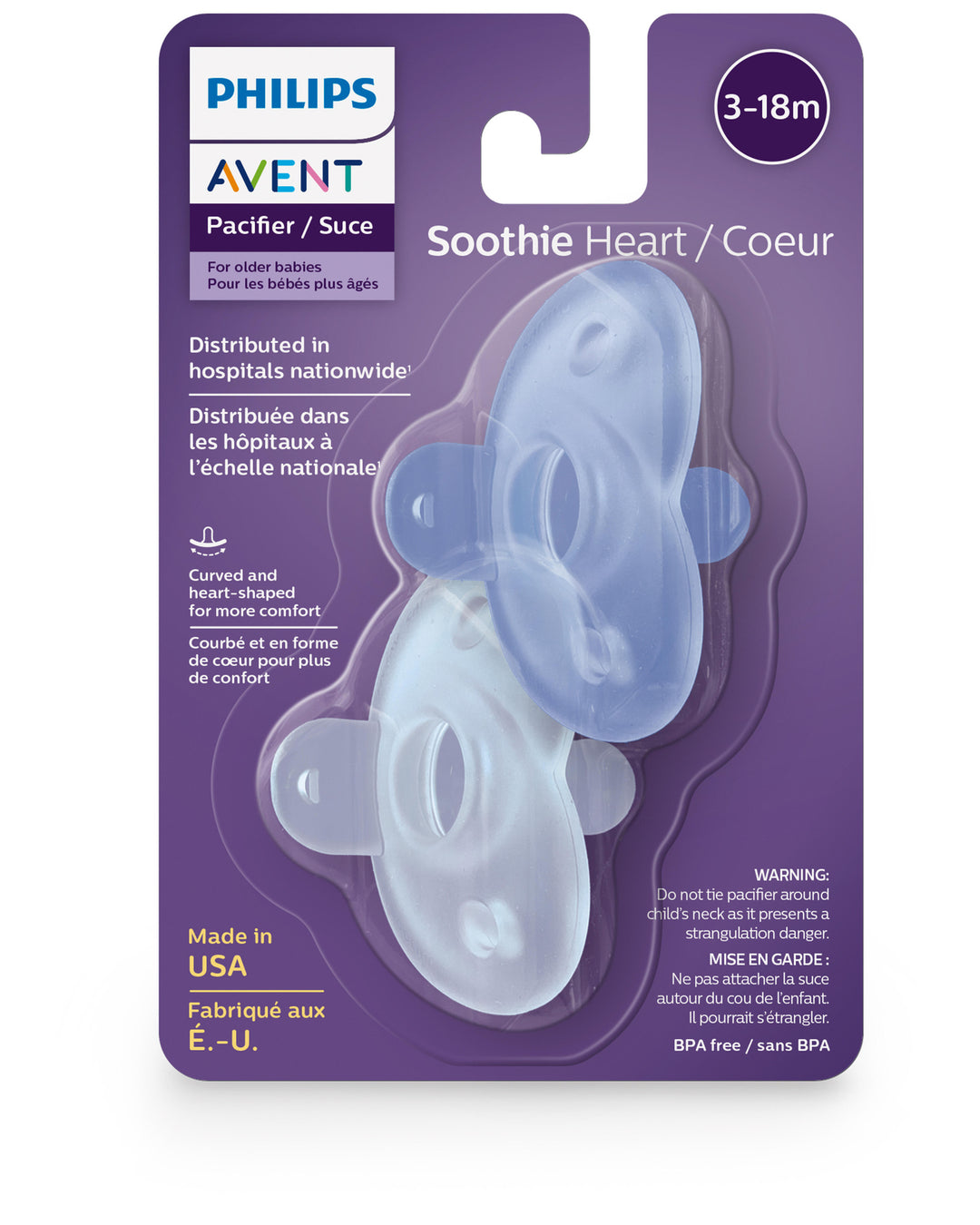 Soothie Heart Pacifier - 3-18M - Pink or Blue - 2 pack