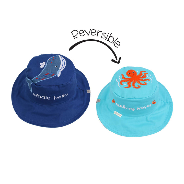 FlapJackKids - Kids Sun Hat - Bl Whale/Octopus - L (4-6Y) Reversible Kids UPF50+ Sun Hat - Blue Whale/Octopus 990006501406