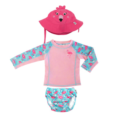 Rashguard Top + Swim Diaper + Sunhat 3pc Set - Flamingo
