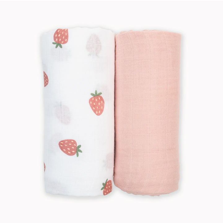 Lulujo - Cotton Mslin Swadls 2PK-Strawberries Ballet Slipper Cotton Muslin Swaddle Blankets - 2 pack - Strawberries + Ballet Slipper 628233451682