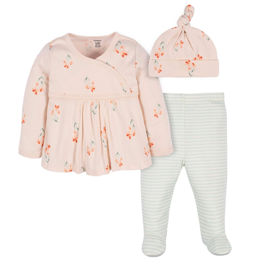 d - Gerber -OP2222 3pc Top, Pant & Cap - Wildflower - 0-3M Gerber 3-Piece Baby Boy Wildflower Top, Footed Pant & Cap Set 013618358913