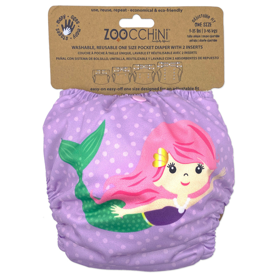 d - ZOOCCHINI - Reusable Pocket Diaper Mermaid 2pk  7-35lb One Size Reusable Pocket Diaper with 2pk Insert - Mermaid 810608031852
