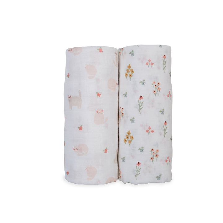 2 pack Cotton Swaddles - Kitty Cat + Flower Field