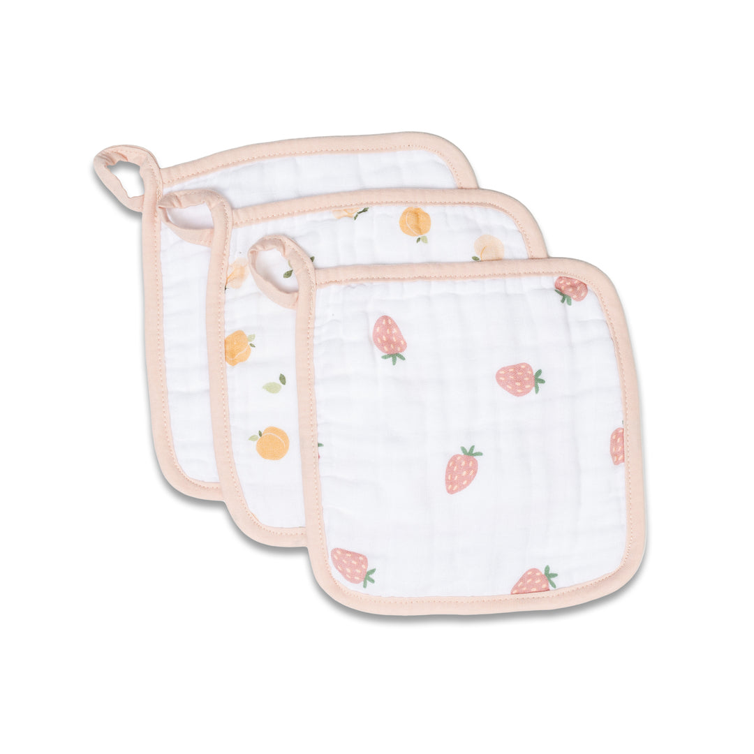 Lulujo - 3pack Muslin Washcloths - Peaches/White/Strawberry Muslin Washcloths 3 Pack - Peaches/White/Strawberry 628233452351