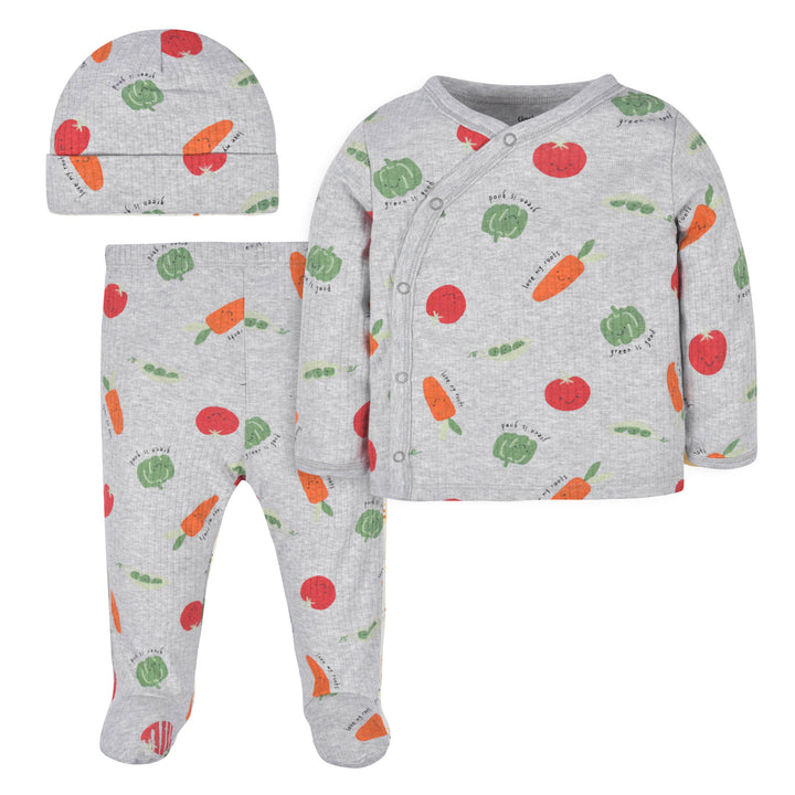 d - Gerber- Opp-22F - 3pc Shrt,cap,pants - Vegetables - NB 3-Piece Baby Neutral Vegetables Take Me Home Set 013618328879