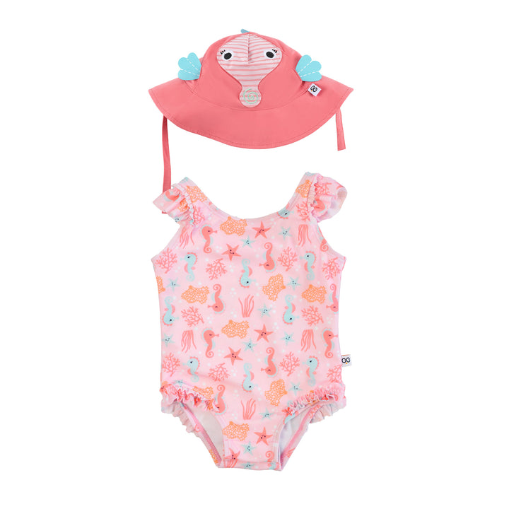 Ruffled Swimsuit + Sunhat 2pc Set