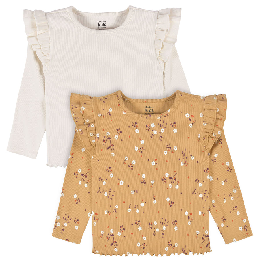 d - Gerber - OP22F - 2pc Ruffle Top - Yellow 5T 2-Pack Toddler Girls Yellow Floral Double Ruffle Tops 013618331268