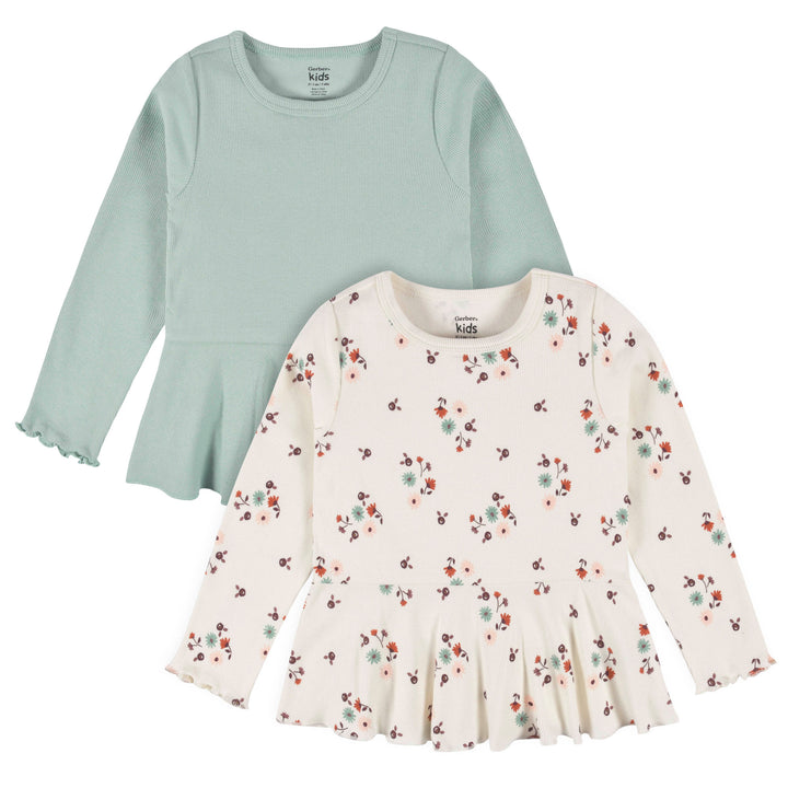 d - Gerber -OP22F 2pc Peplum Top FloralGreen 24M 2-Pack Baby Girls Green Floral Peplum Tops 013618331084