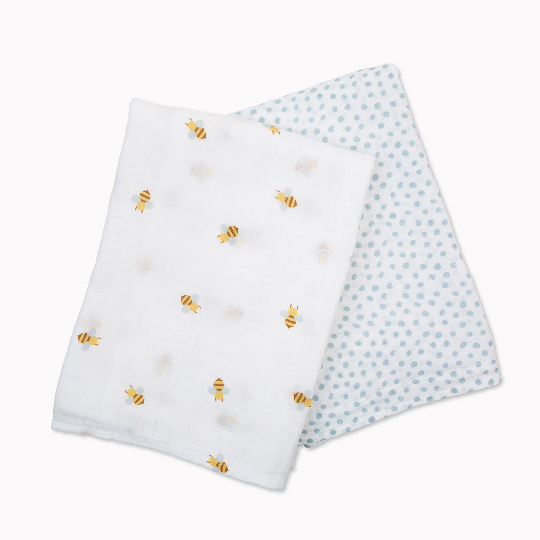 Cotton Muslin Swaddle Blankets - 2 pack - Bees + Blue Dots