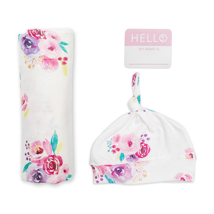 d - Lulujo - Hello World Blanket + Knotted Hat - Posies Hello World Blanket & Knotted Hat - Posies 628233456403