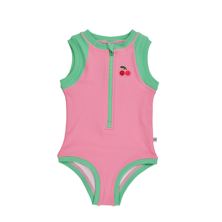 Girls Short Sleeve 1pc Solid Swimsuit