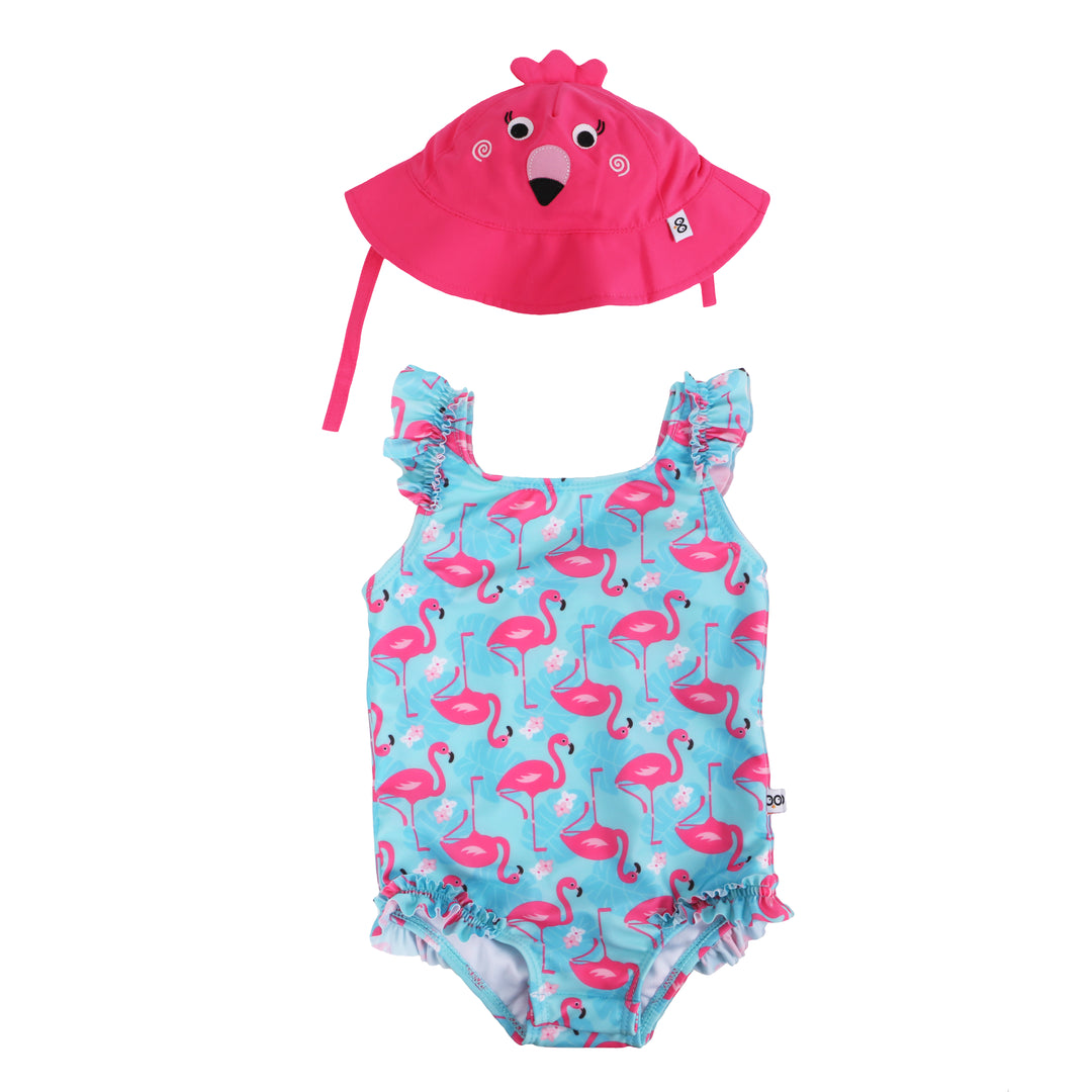 ZOOCCHINI 2pc Set - Rffld Swimsuit+Sunhat Flamingo 12-24M Ruffled Swimsuit + Sunhat 2pc Set - Flamingo 810608034532