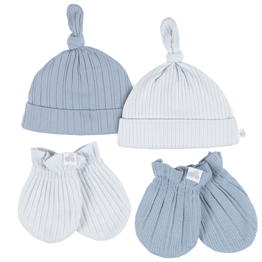 Just Born - OP2401 - 4pc Hat+Mitten Set - Blue - 0-6M Just Born by Gerber Baby Neutral 4-Piece Hat and Mittens - BLUE 032633138874