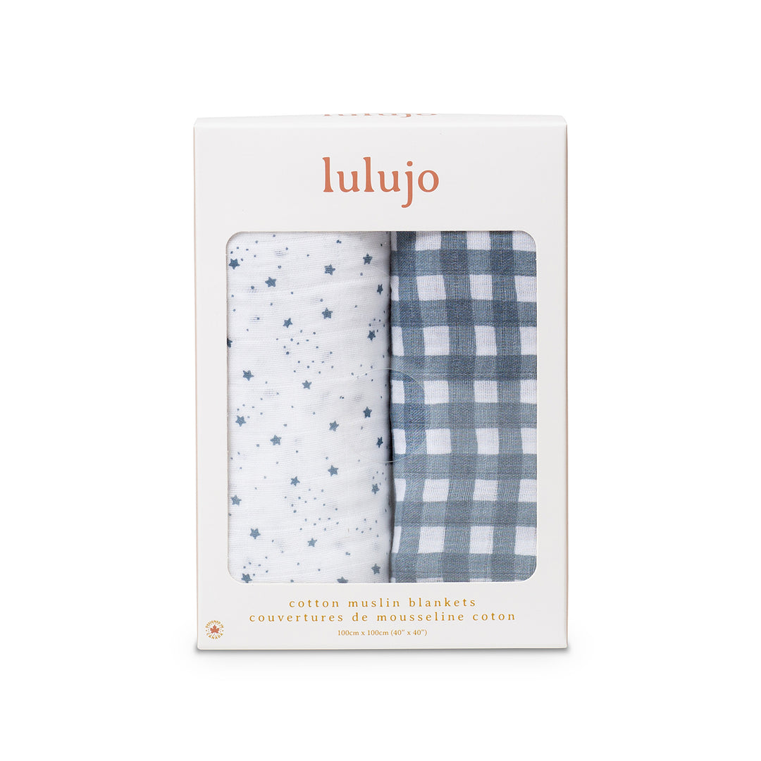 Cotton Muslin Swaddle Blankets   2 pack   Stars + Gingham