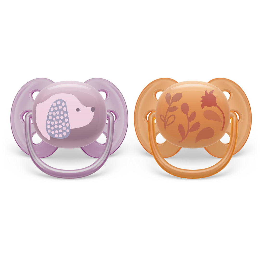 Philips Avent - Ultra Soft Pacifier 2pk - 6-18M Puppy+Leaves Ultra Soft Pacifier - 6-18m - Violet Puppy + Orange Leaves - 2 pack 075020104410