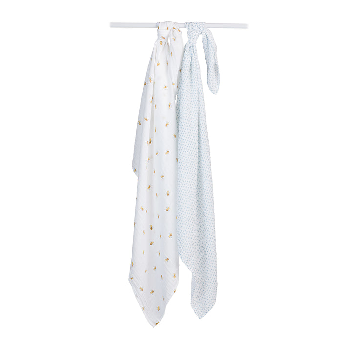 Cotton Muslin Swaddle Blankets - 2 pack - Bees + Blue Dots