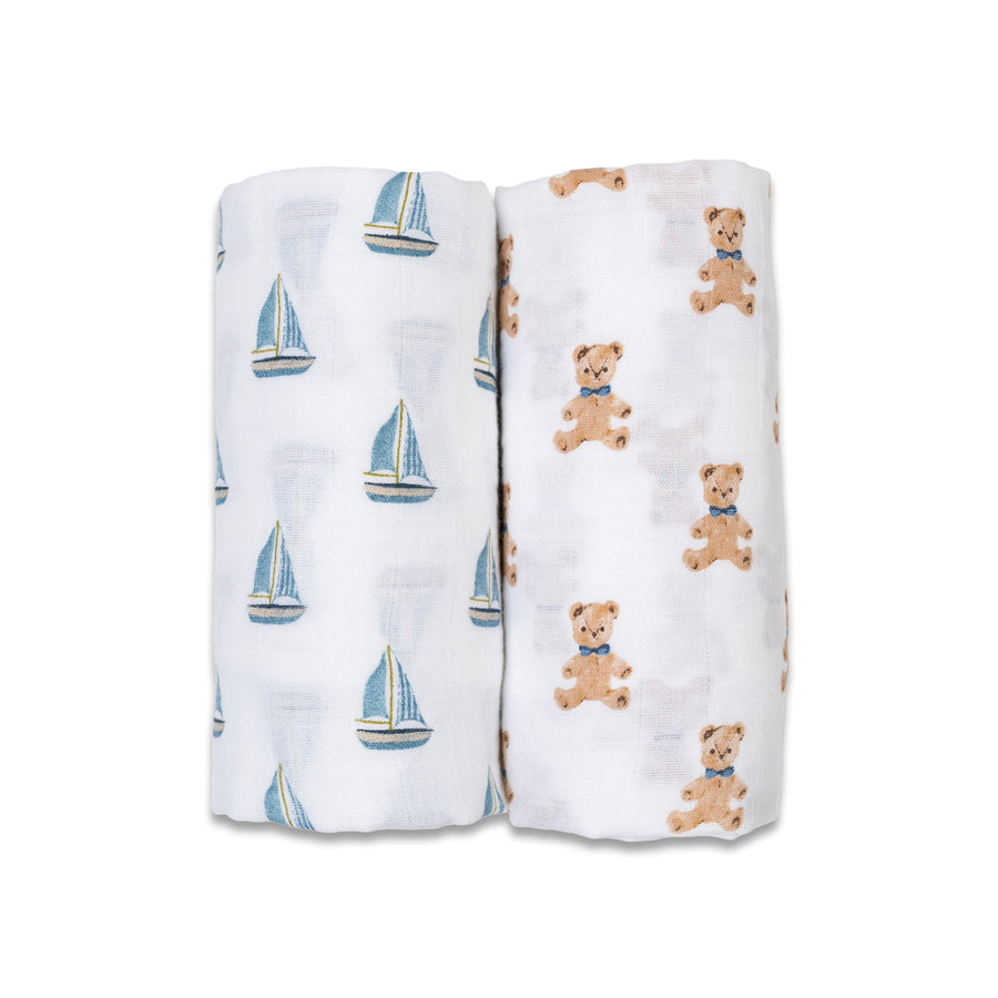 Lulujo - Vintage - 2pack Swaddle - Vintage Bear/Sailboat Vintage - 2 Pack Swaddle - Vintage Bear/Sailboat 628233451743