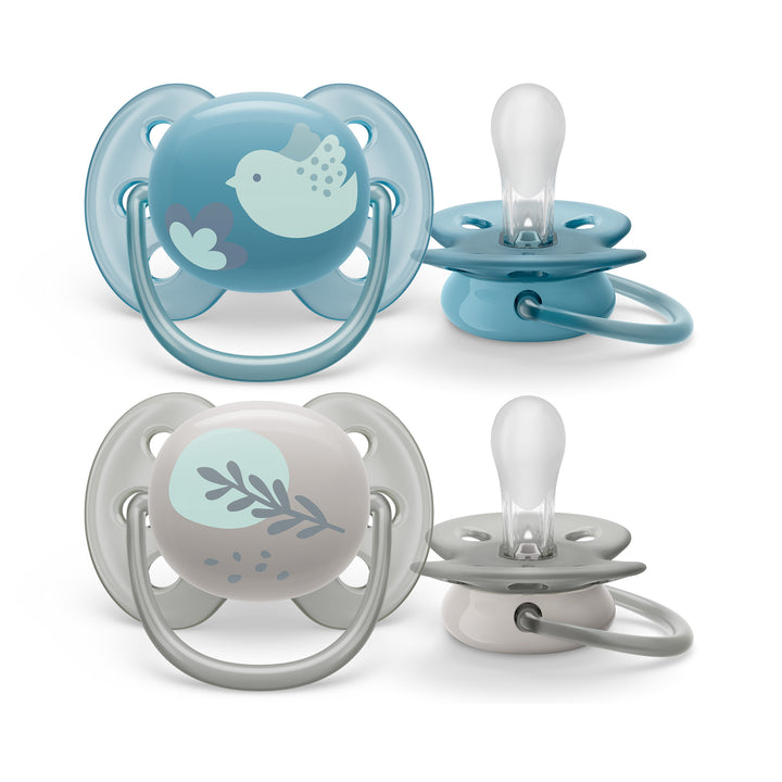 Ultra Soft Pacifier - 6-18m - Blue Dove + Silver Leaf - 2 pack