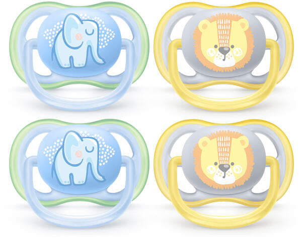 L -Philips Avent Ultra Air Pacifier 2x2pk 0-6M Elep/Lion INT Ultra Air Pacifier 0-6m, elephant/lion, 4 pack 75020093226