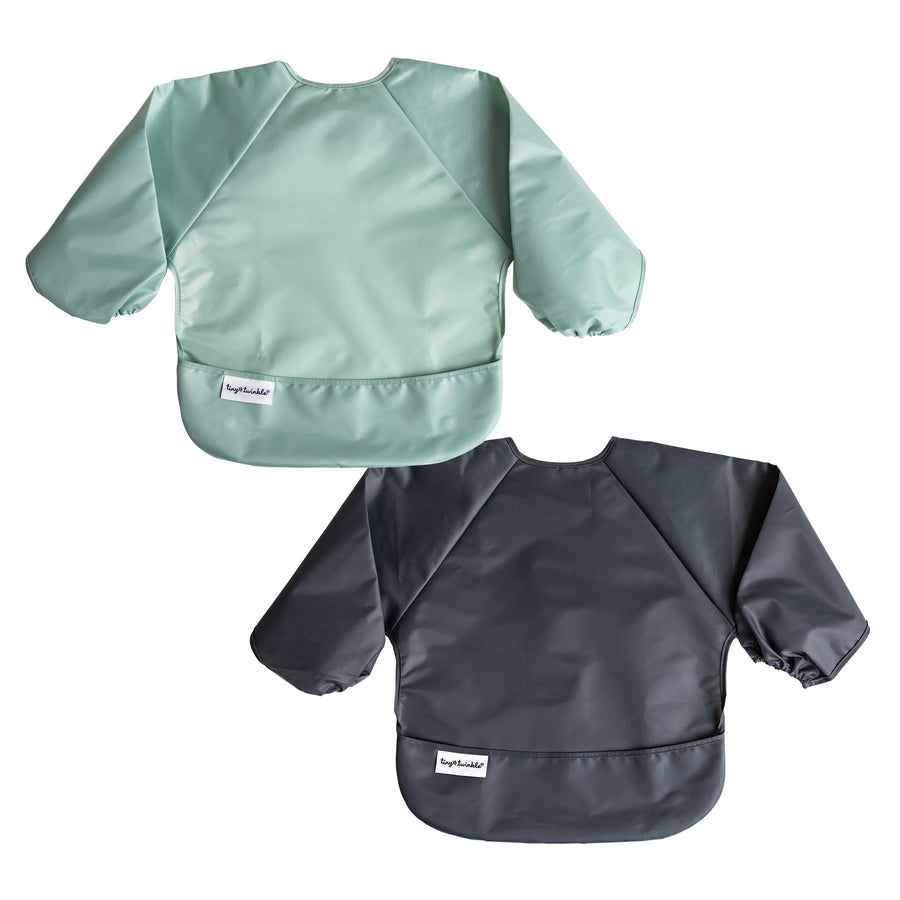 Tiny Twinkle - Full Sleeve Bib 2pk - Sage + Charcoal 2-4y Mess-proof Full Sleeve Bib 2 Pack - Recycled Sage and Charcoal - Large 810027533586