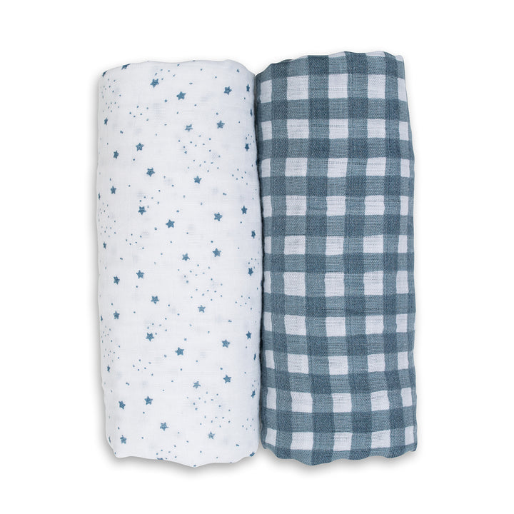 Lulujo - Cotton Muslin Swaddles 2pk - Stars + Gingham Cotton Muslin Swaddle Blankets - 2 pack - Stars + Gingham 