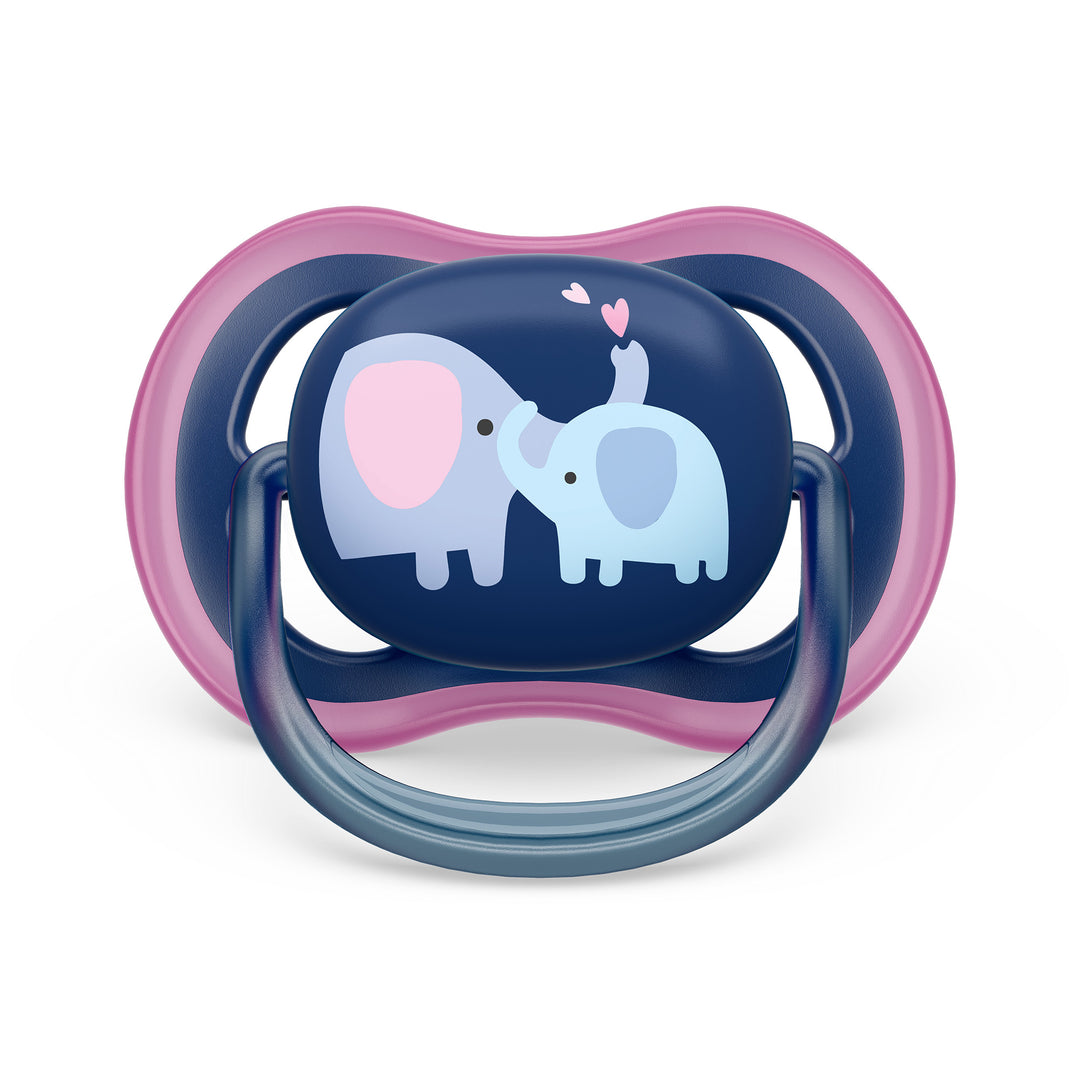 Ultra Air Pacifier   18M+   Steel Blue Elephant+Pink Hello   2 pack