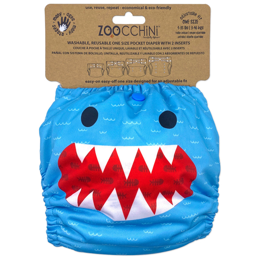 d - ZOOCCHINI - Reusable Pocket Diaper Shark 2pk  7-35lb One Size Reusable Pocket Diaper with 2pk Insert - Shark 810608031883