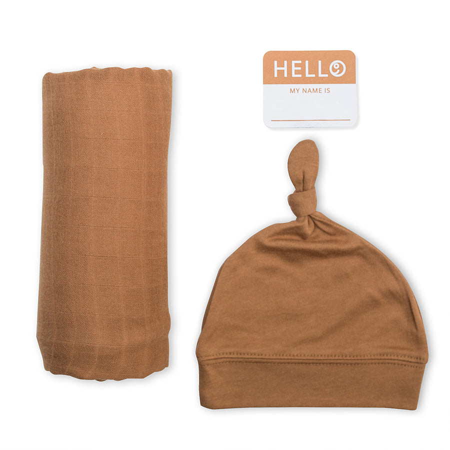 Lulujo - Hello World Blanket + Knotted Hat - Tan Hello World Blanket & Knotted Hat - Tan 628233456496