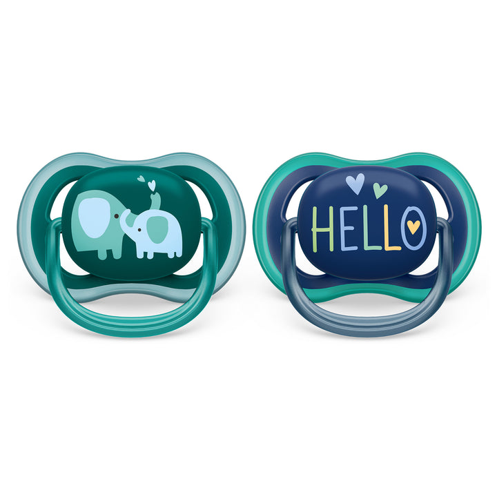 Philips Avent - Ultra Air Pacifier 2pk - 18M+ - Blue Hello Ultra Air Pacifier - 18M+ - Opal Elephant+Blue Hello - 2 pack 075020105332