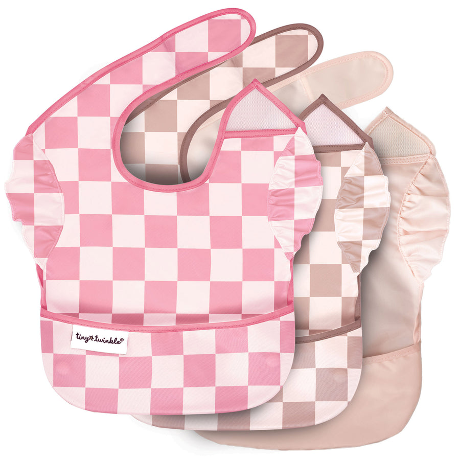 Tiny Twinkle - Easy Bib 3pk Ruffle Checkers PinkBeige 6-24M Mess-proof Easy Bib 3 Pack - Pink, Brown Checkers, Solid Pink 810027536402