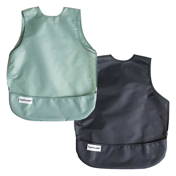 Tiny Twinkle - Apron Bib 2pk - Sage + Charcoal 2-4y Mess-proof Apron Bib 2 Pack - Recycled Sage & Charcoal - Large 810027533579