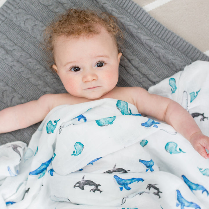 Bamboo Cotton Muslin Swaddle Blanket - Whales