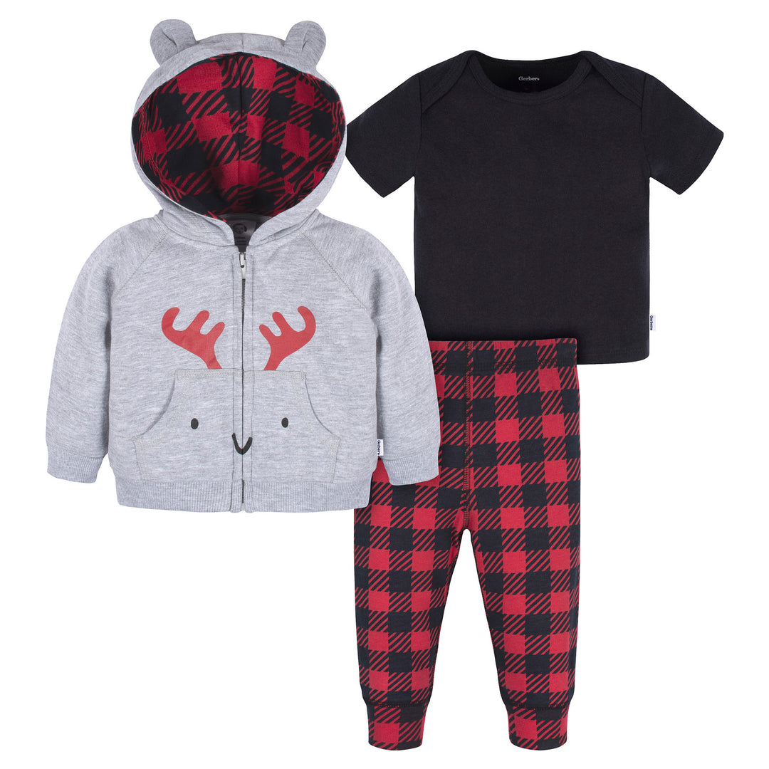 d - Gerber -23F- 3pc Hoodie, Top+Pant Set  Moose - 6-9M 3 Piece Hoodie, Top + Pant Set - Boy - Moose 013618398513