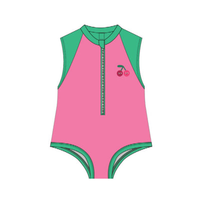 Short Sleeve 1Pc Solid Swimsuit - Cherry
