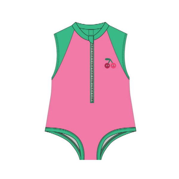 Short Sleeve 1Pc Solid Swimsuit - Cherry