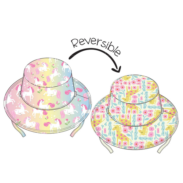 Kids Reversible Patterned Sun Hat - Unicorn / Giraffe