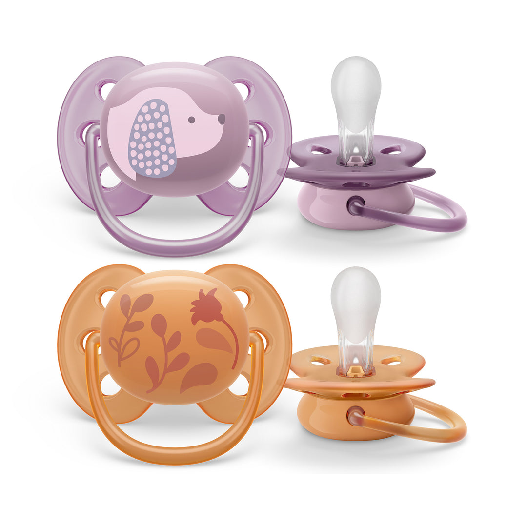 Ultra Soft Pacifier   6 18m   Violet Puppy + Orange Leaves   2 pack