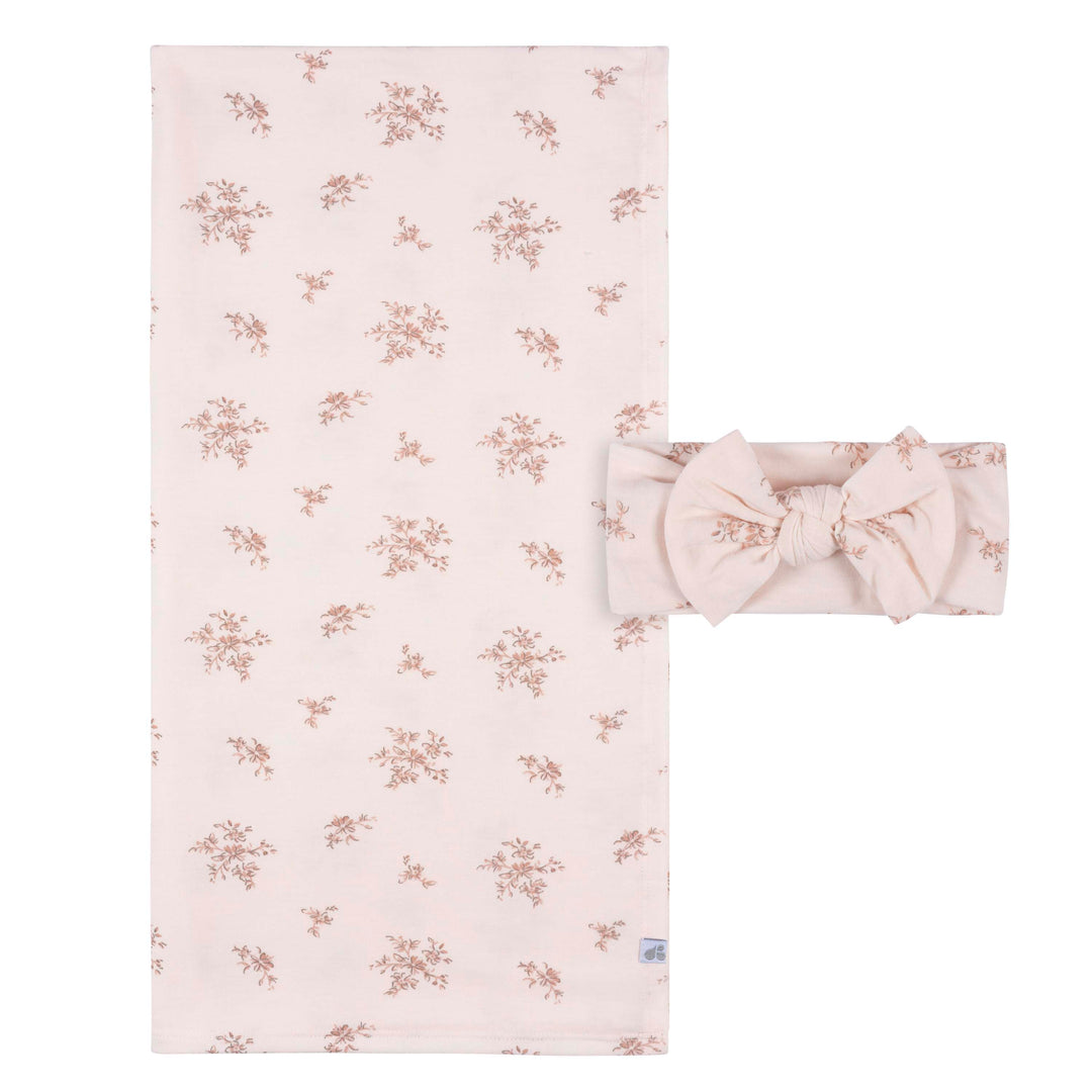 L -Just Born - OP2401 - 2pc Swaddle Blnk+Headband PinkFloral Just Born by Gerber Baby Girl 2-Piece Swaddle and Headband - PINK FOREST 032633138447