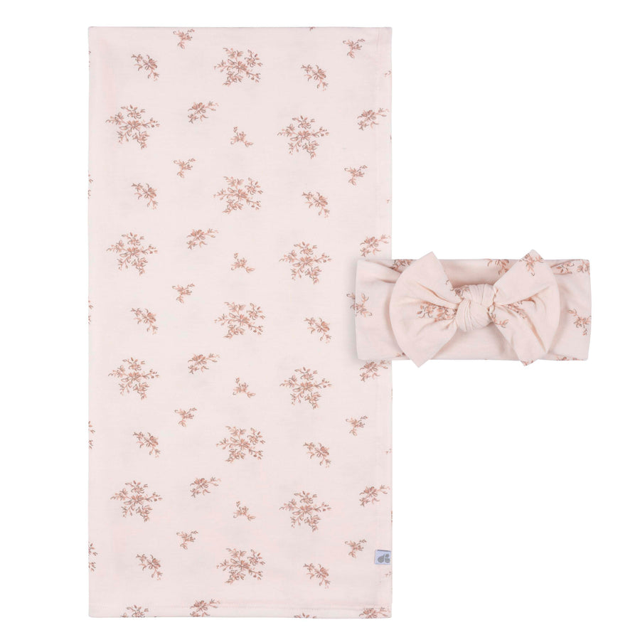 L -Just Born - OP2401 - 2pc Swaddle Blnk+Headband PinkFloral Just Born by Gerber Baby Girl 2-Piece Swaddle and Headband - PINK FOREST 032633138447