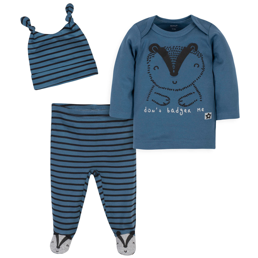 d - Gerber - Organic - 3 Pk Shirt-Pant-Cap - Badger - NB Gerber® 3-Pack Baby Boys Badger Organic Shirt, Footed Pant and Cap Set 013618025532