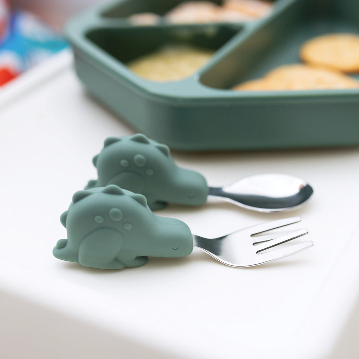 Training Utensils - Olive Green Dinosaur