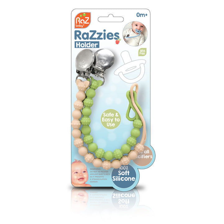 RaZzies Silicone Paci/Teether Holder - 2 pack - Tan & Green