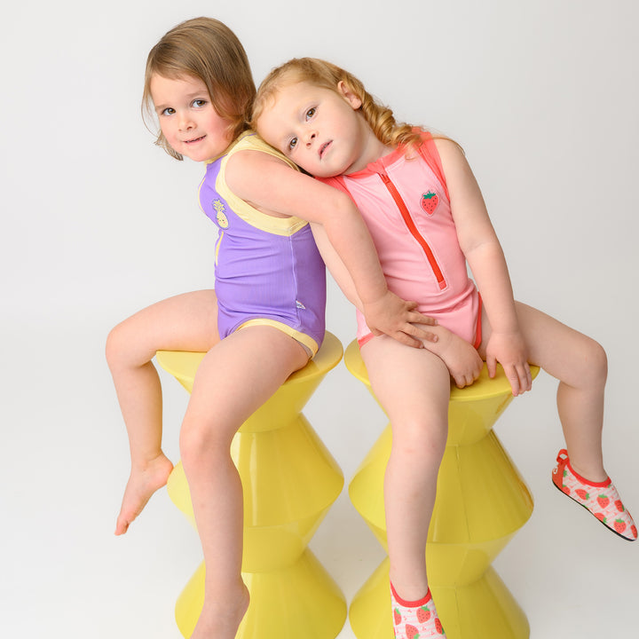 Girls Short Sleeve 1pc Solid Swimsuit