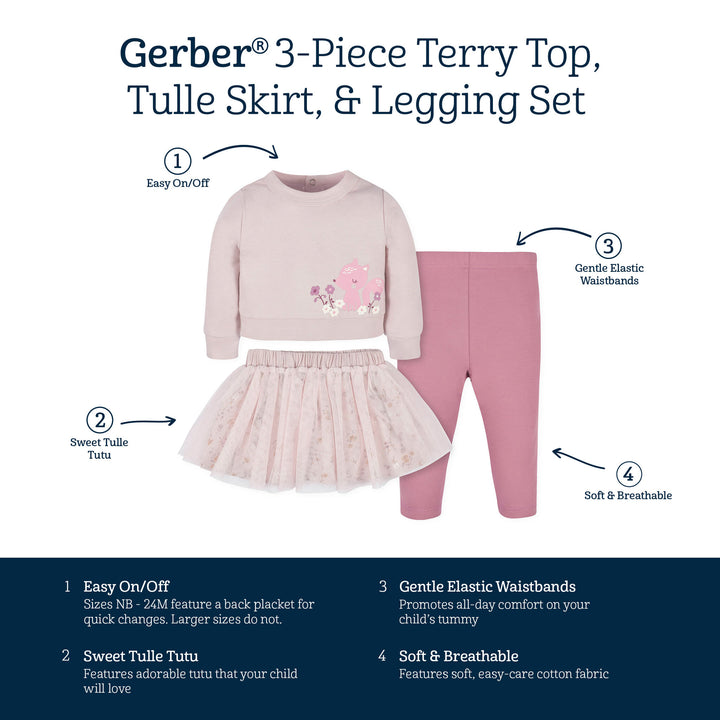 Gerber® 3-Piece Baby & Toddler Girls Woodland French Terry Top, Tulle Tutu, & Pu