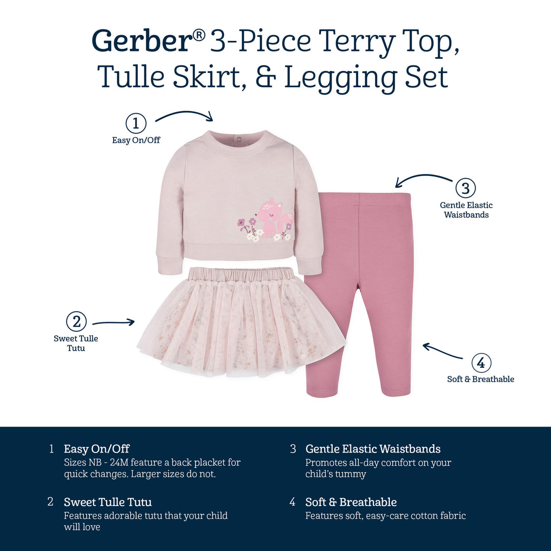 ® 3-Piece Baby Girls Woodland French Terry Top, Tulle Tutu