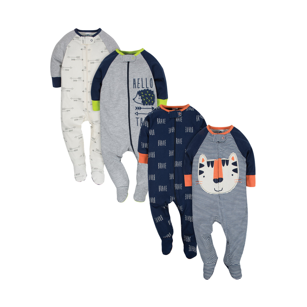 d - Gerber - 4 Pack Sleep 'N Play - Tiger + Hedgehog - NB 4-Pack Baby Boys Tiger & Hedgehog Sleep n Plays 013618028700