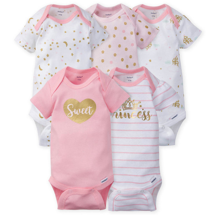 d - Gerber - 5 Pack Short Sleeve Onesies Body - Castle -0-3M 5-Pack Baby Girls Castle Short Sleeve Onesies® Bodysuits 047213257142