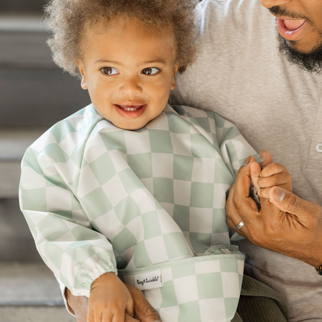 Mess-proof Full Sleeved Bib - Sage Checkers