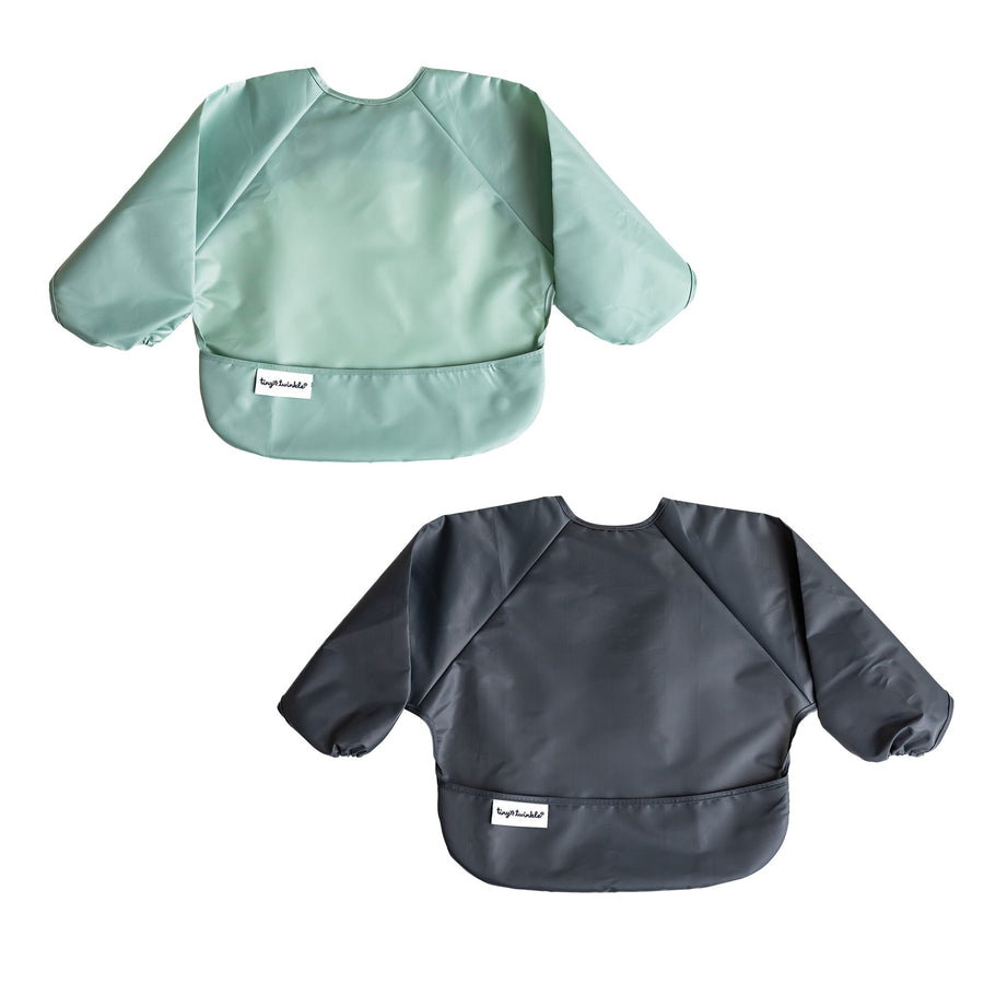 Tiny Twinkle - Full Sleeve Bib 2pk - Sage + Charcoal 6-24M Mess-proof Full Sleeve Bib 2 Pack - Recycled Sage and Charcoal - Small 810027533593