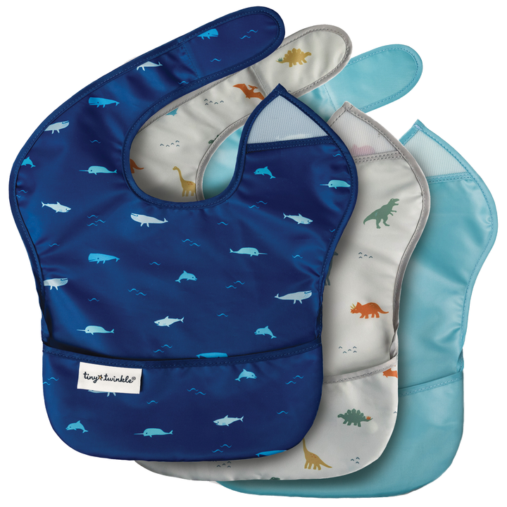 Tiny Twinkle - Mess-proof Easy Bib 3pk OceanDinoSlate 6-24M Mess-proof Easy Bib 3PK Ocean Life/Dino/Slate 810027531407